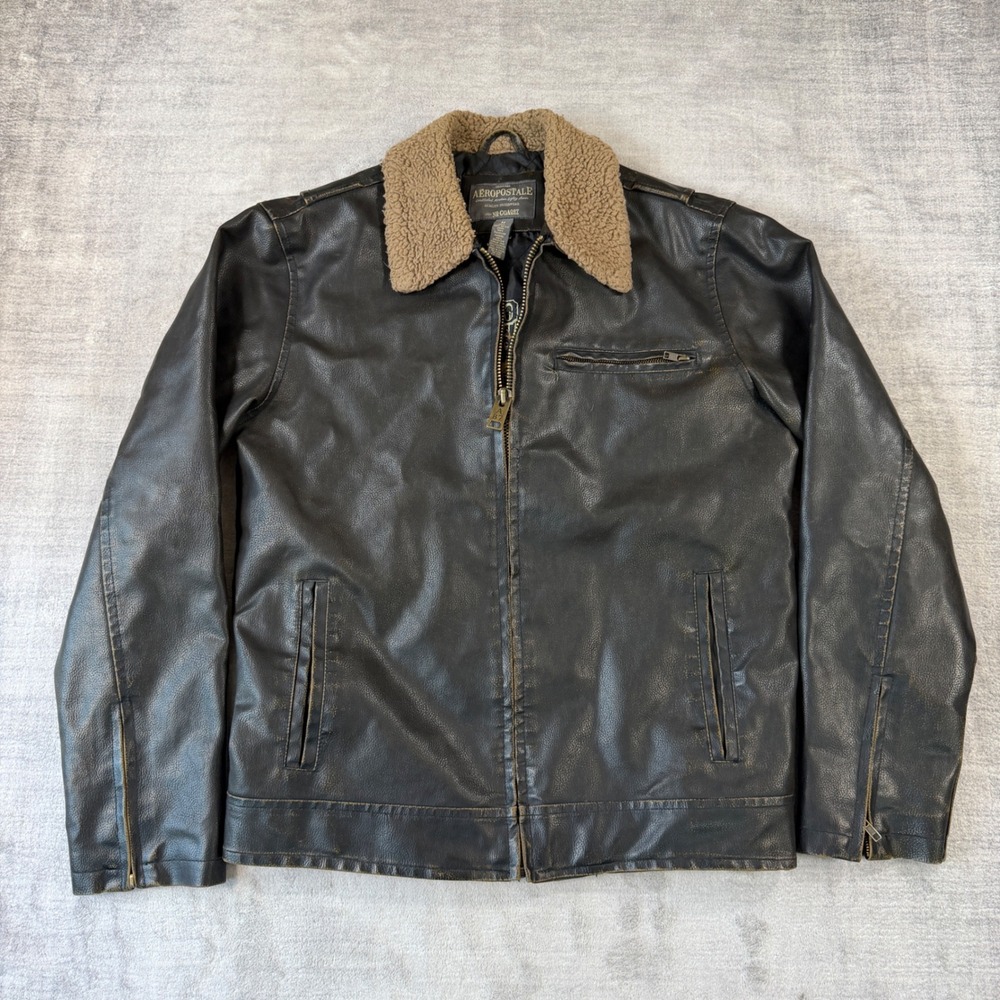 Aeropostale Jacket Mens Medium Brown Faux Leather Vtg Y2K Bomber Biker Aviator